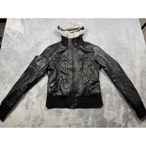 BB Winter Moto Jacket Womens Juniors Small Black Hooded Full Zip Edgy Streetwear